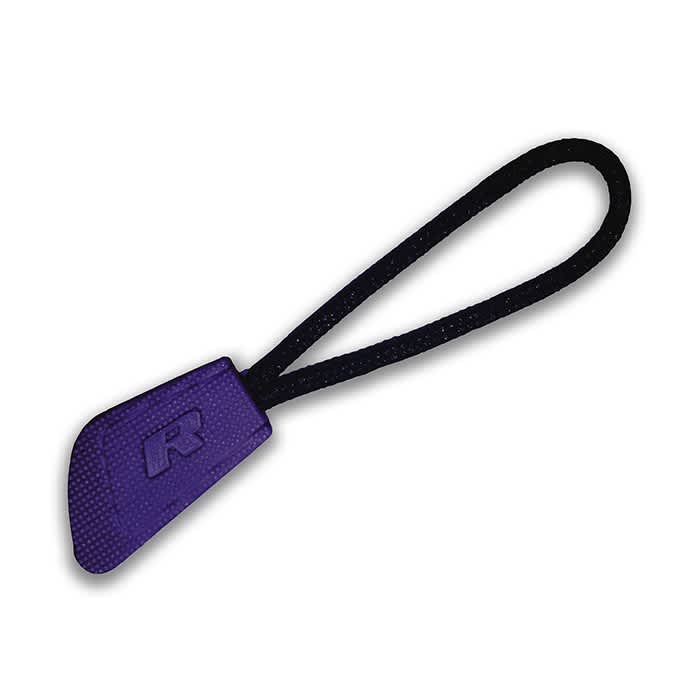 A purple interchangeable zip puller with a textured rubber grip and a flexible black loop. It features a branded logo.