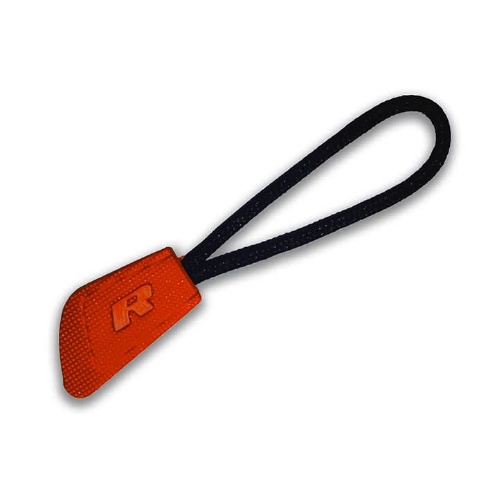 An orange interchangeable zip puller with a black cord, featuring a logo on the puller.