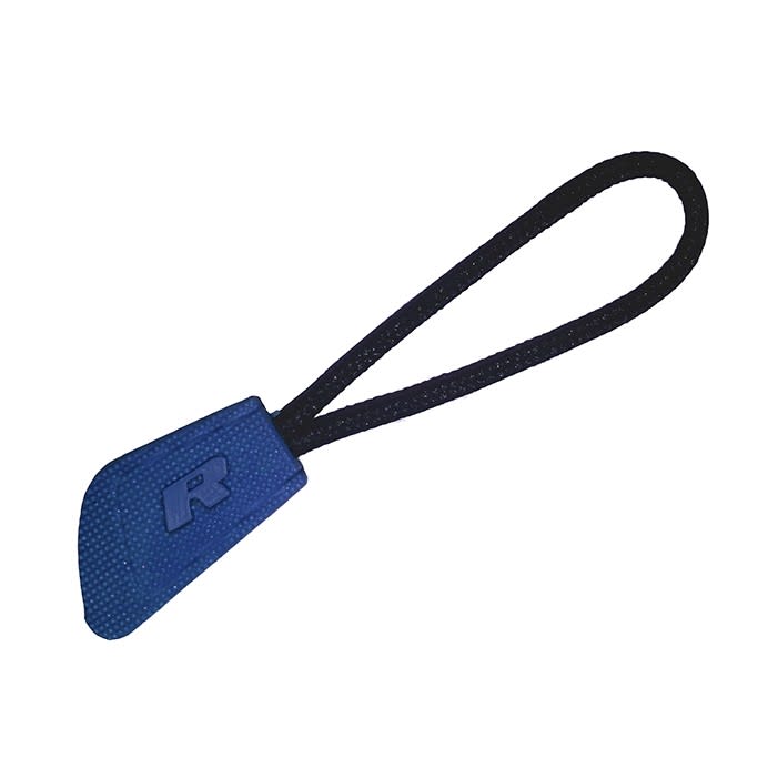 A blue interchangeable zip puller with a textured handle and a black loop for easy attachment.