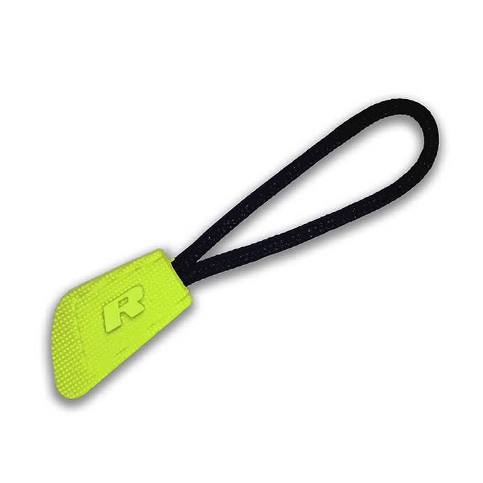 A bright yellow zip puller with a black loop, featuring a textured grip and a logo on the puller.