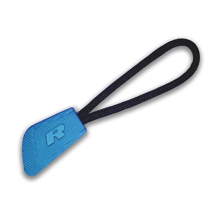 A blue interchangeable zip puller with a black cord, featuring a logo on the pull tab.