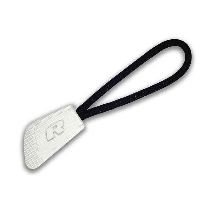 A white interchangeable zip puller with a textured surface and a black cord attached. It features a logo.