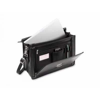 A black executive leather briefcase featuring multiple compartments, a shoulder strap, and a pen holder.