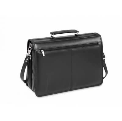 A black leather briefcase with a handle and shoulder strap, featuring two front pockets and a sleek design.