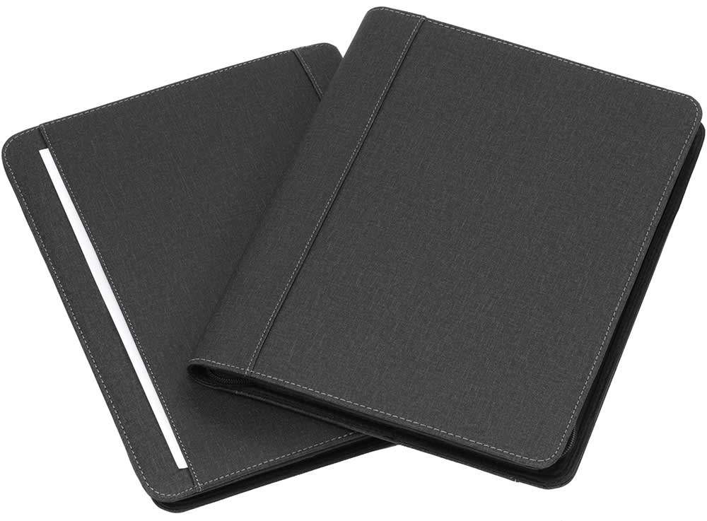 A black A4 zip tech ring compendium with a textured finish, featuring a clean design and visible stitching.