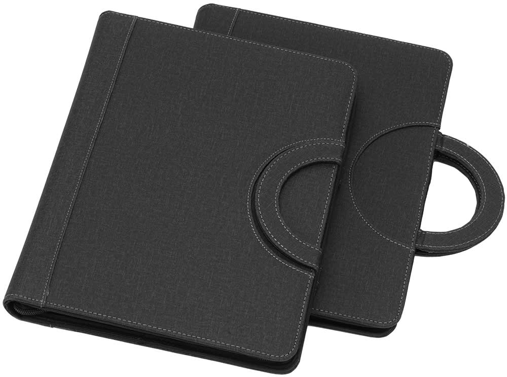 A dark grey A4 zip tech ring compendium with handles, featuring a textured finish and stitching detail.