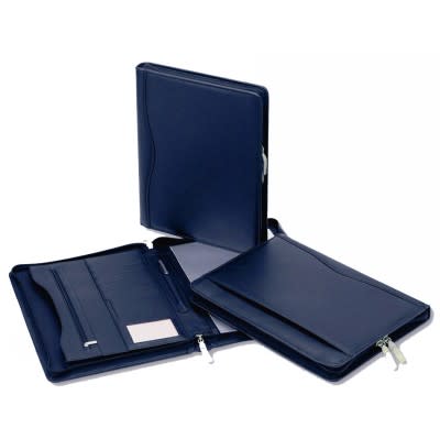 A navy leather zip compendium with multiple pockets and compartments, featuring a sleek design and a logo.
