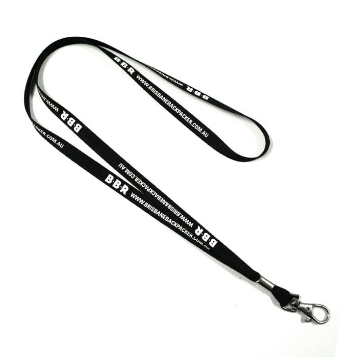 A black screen-printed lanyard featuring a metal clip for attaching items and a branded logo.