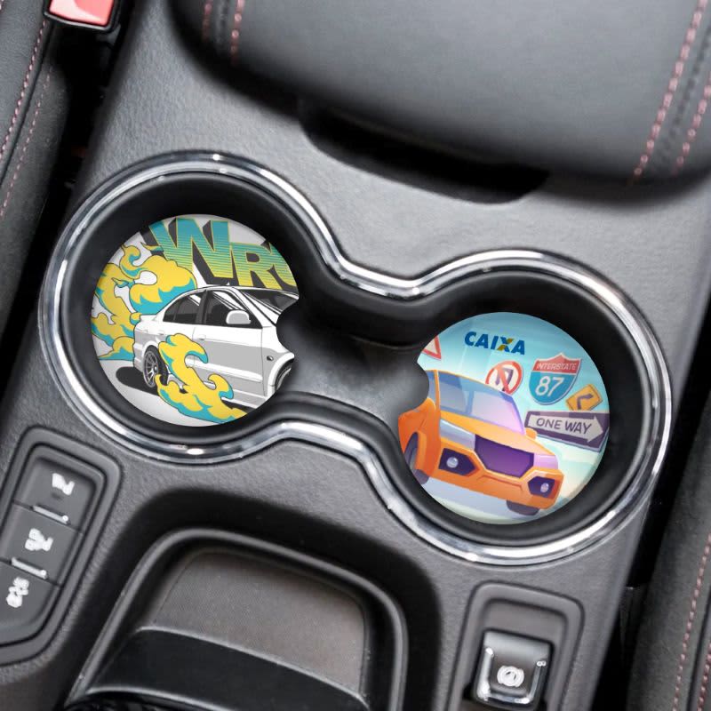 Full colour neoprene car coasters featuring vibrant car designs in a vehicle's cup holder.