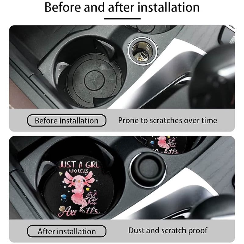A drink bottle and car coasters displayed in a car’s cup holder. Coasters feature a colourful design and a logo.