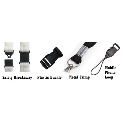 A selection of lanyard components, including safety breakaway, plastic buckle, metal crimp, and mobile phone loop.