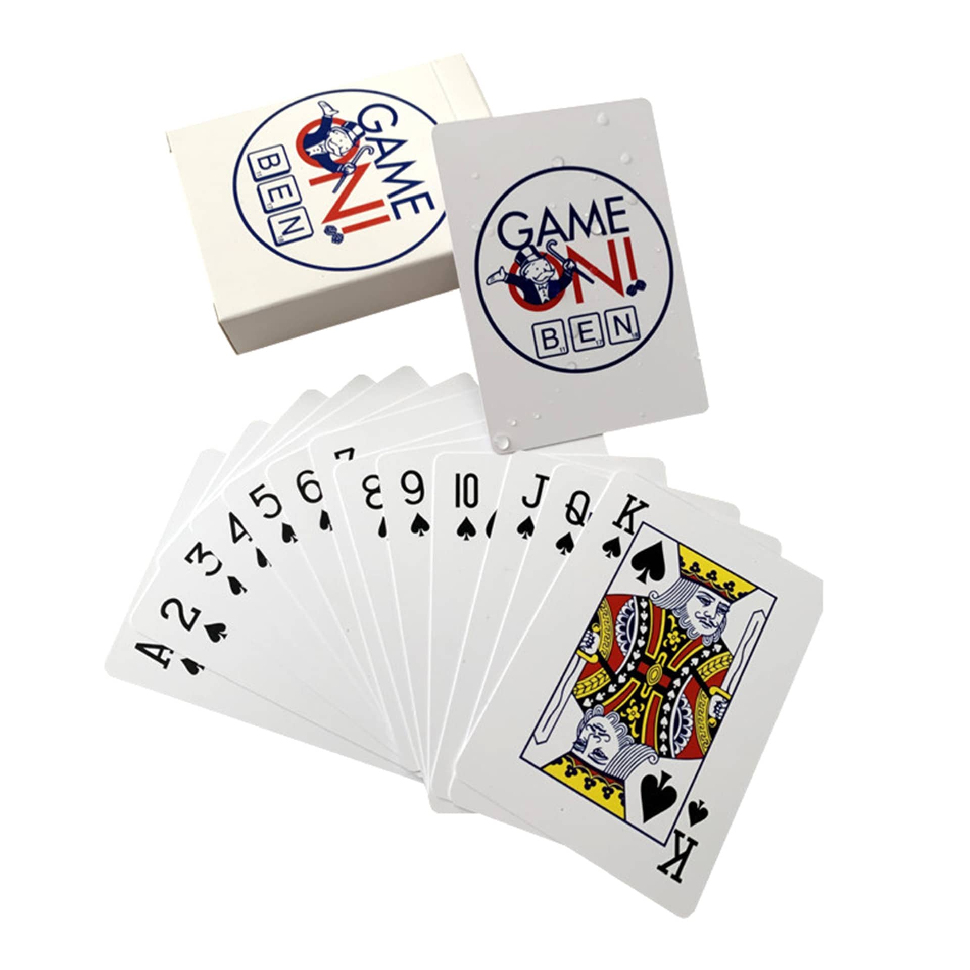 A set of PVC playing cards in white with a logo, featuring spade-suited cards from Ace to King.