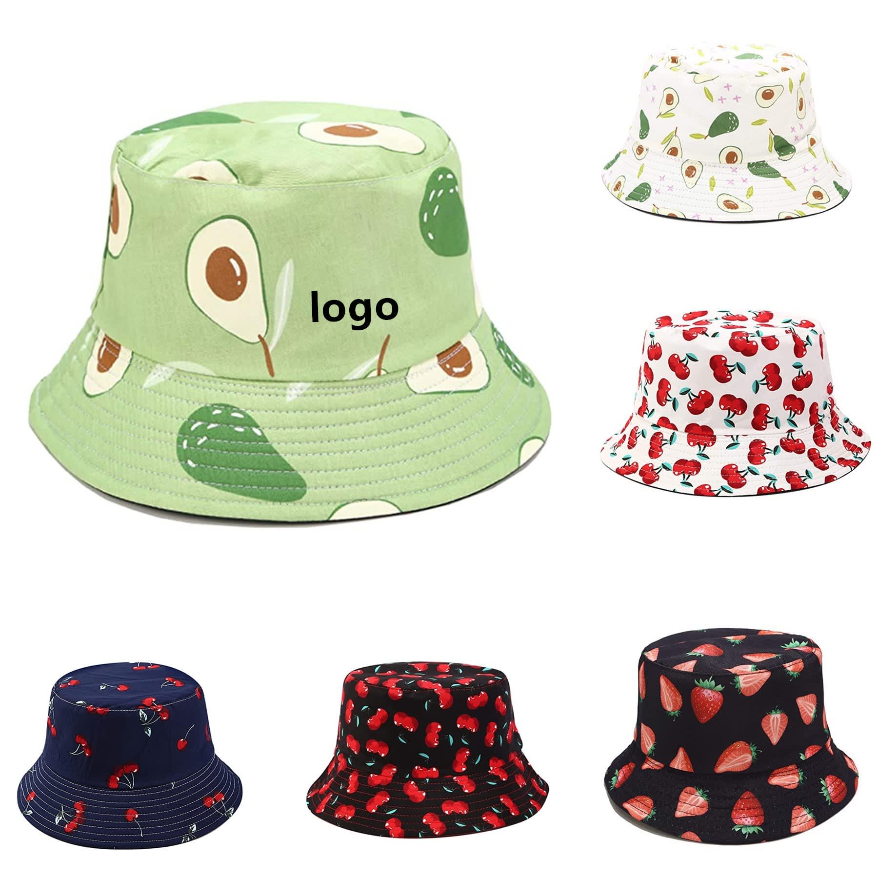 A collection of sublimation printed bucket hats in green with avocados, white with cherries, and black with strawberries. Each has a logo.