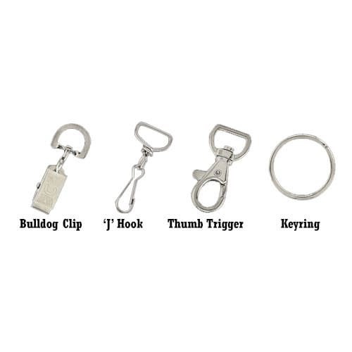 A collection of metal attachments including a bulldog clip, 'J' hook, thumb trigger, and keyring, all in silver.