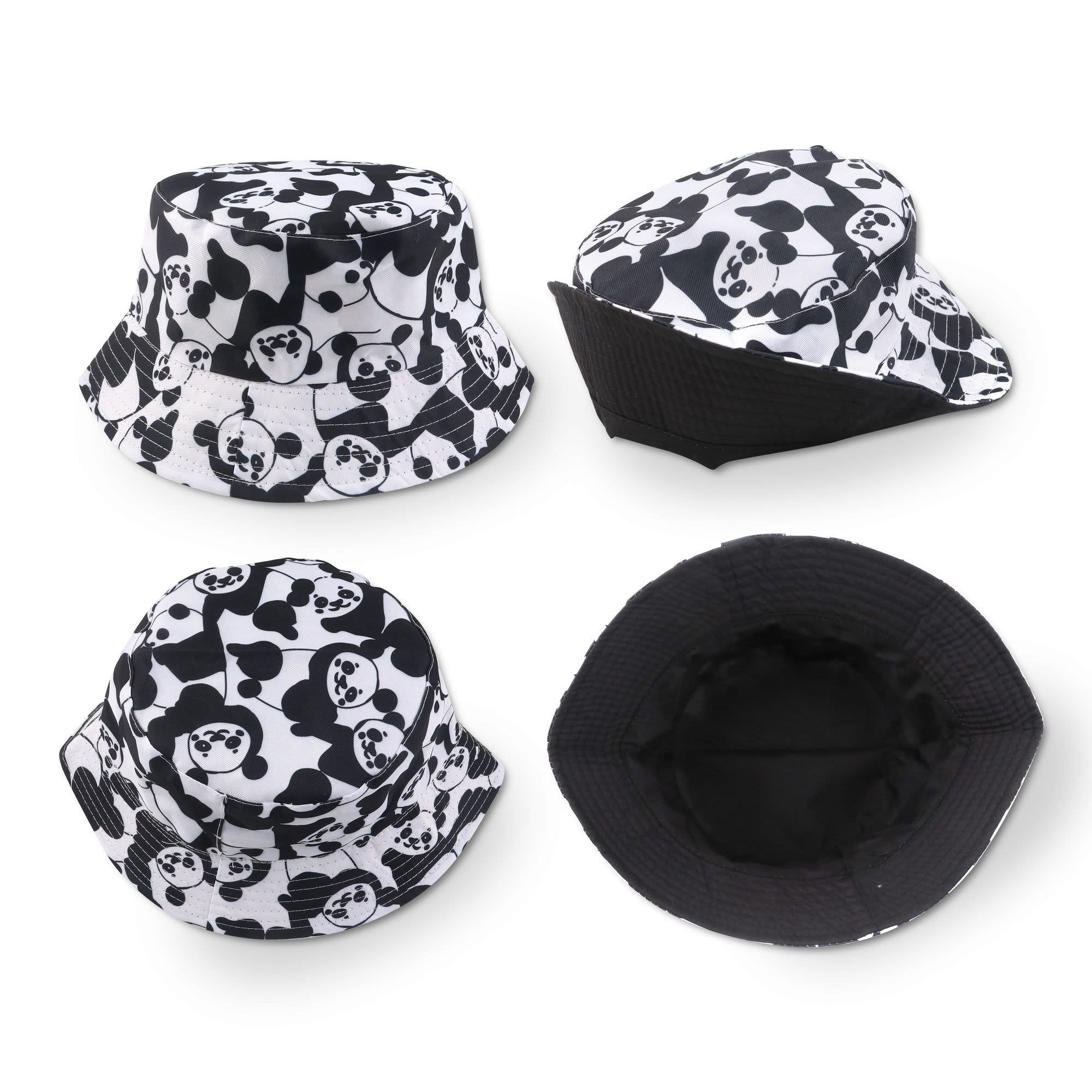 A black and white sublimation printed bucket hat featuring a playful panda design, showing multiple angles and an interior view.