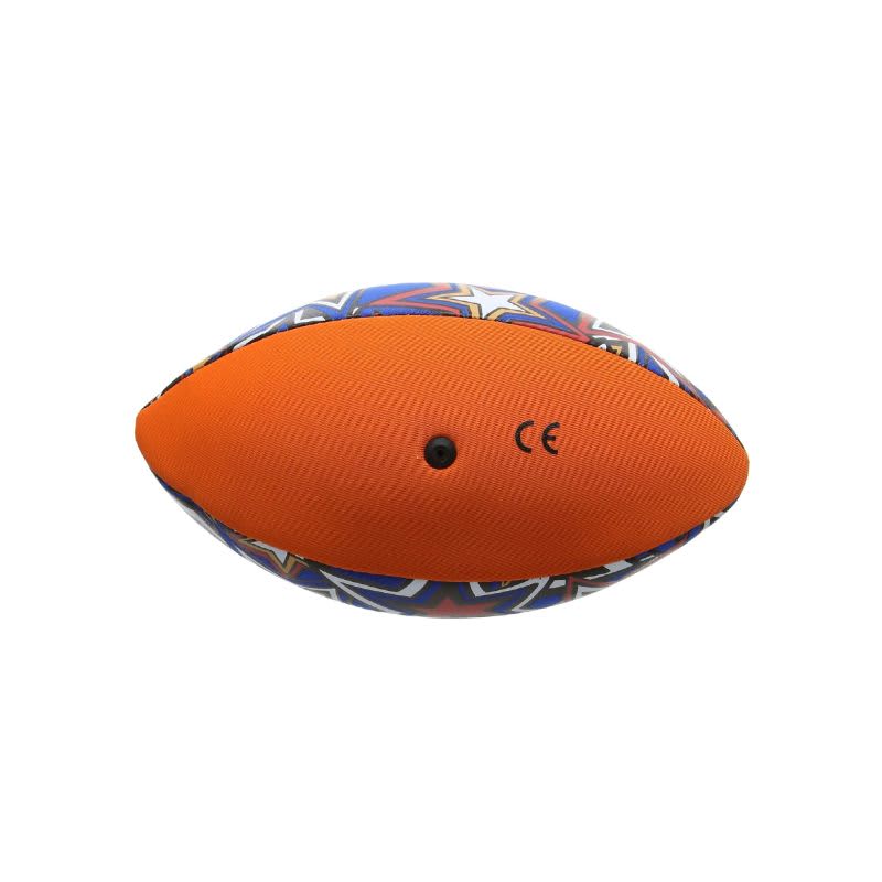 A soft rugby ball in orange and blue with a patterned design and a branding logo.