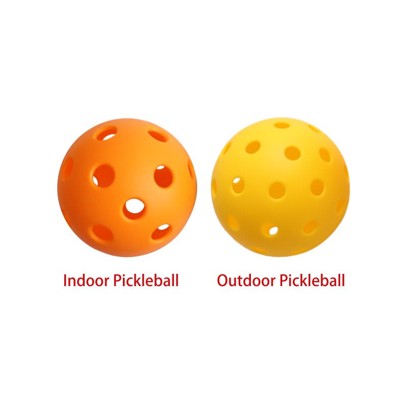 Two pickleballs are displayed: one orange for indoor use and one yellow for outdoor use, both featuring multiple holes.
