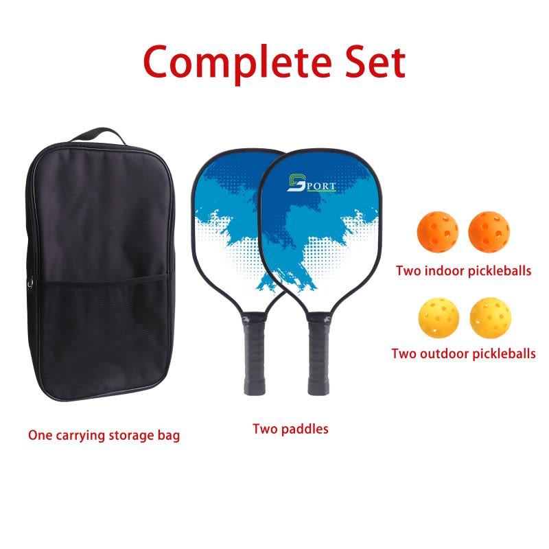 A wooden pickleball set featuring two paddles, two indoor balls, two outdoor balls, and a carrying storage bag.