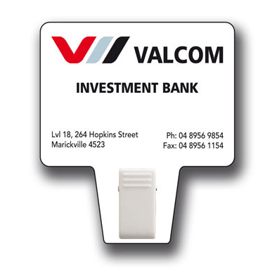 A white clip with a logo, featuring a sign that states "Valcom Investment Bank" and contact details.