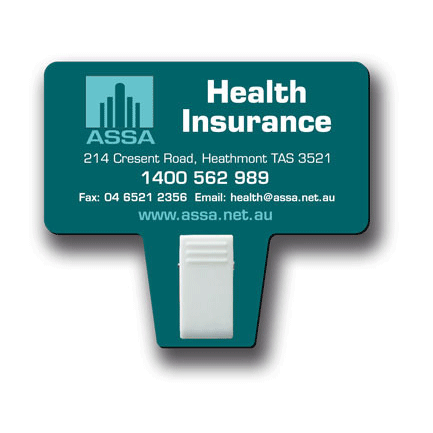 A green promotional clip featuring a white clip section and a logo, designed for office use.