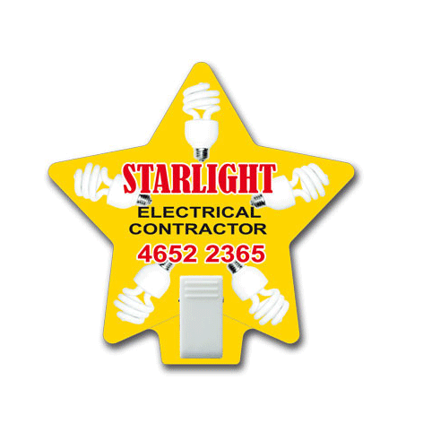 A yellow star-shaped magnet featuring light bulb graphics and a clip at the bottom, with a logo and contact details.