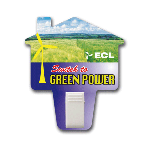 A custom-shaped magnet in the form of a house, featuring green fields and a wind turbine design with a white clip at the bottom.