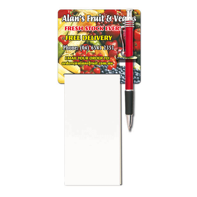 A promotional notepad with a red pen attached, featuring a vibrant fruit and vegetable design at the top.