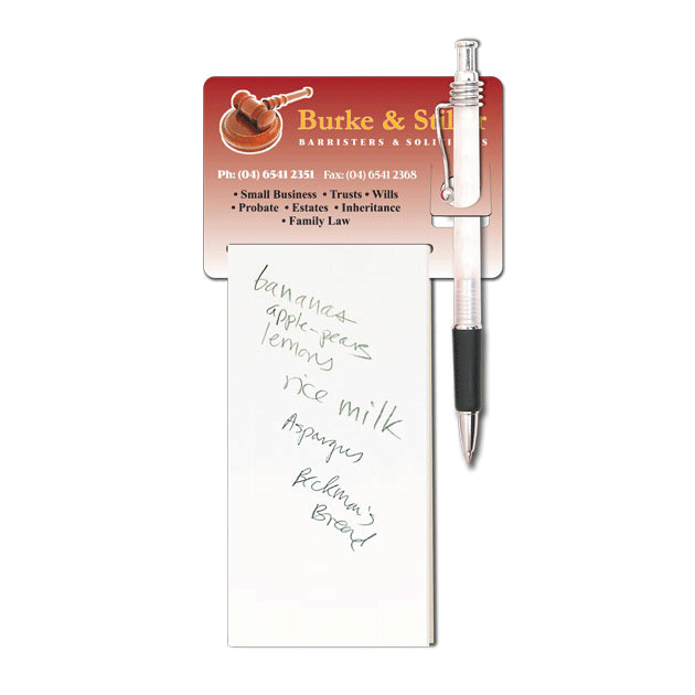 A promotional pad with a notepad and a pen, featuring a colourful logo at the top, partly filled with handwritten notes.