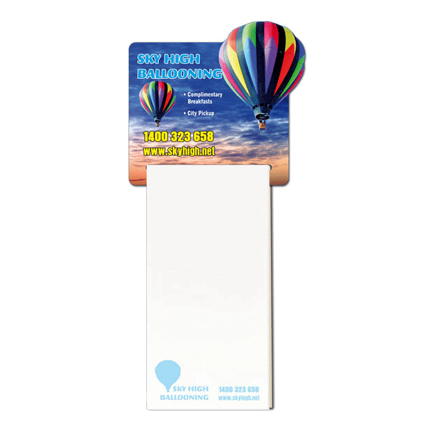 A custom-shaped notepad with a colourful hot air balloon design at the top and a plain white pad. It features a logo.