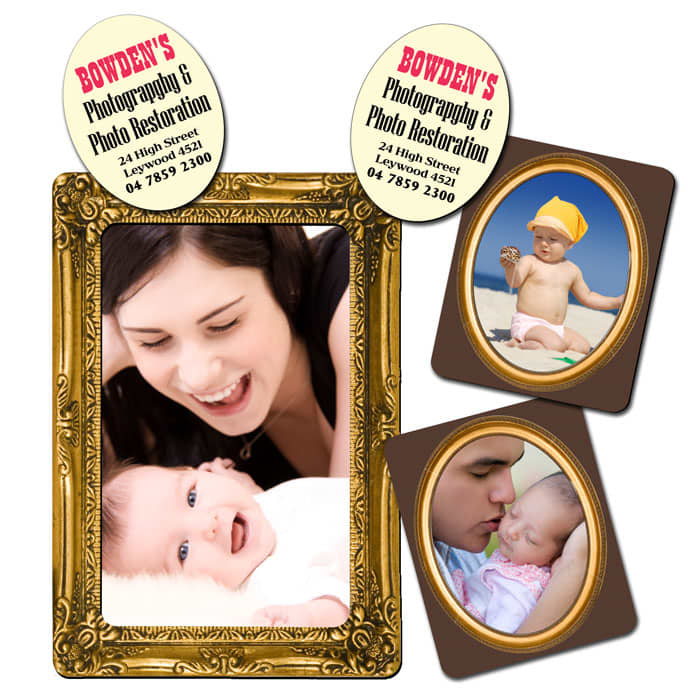 A gold-coloured magnetic photo frame with images of a mother and baby, alongside two smaller framed photos.