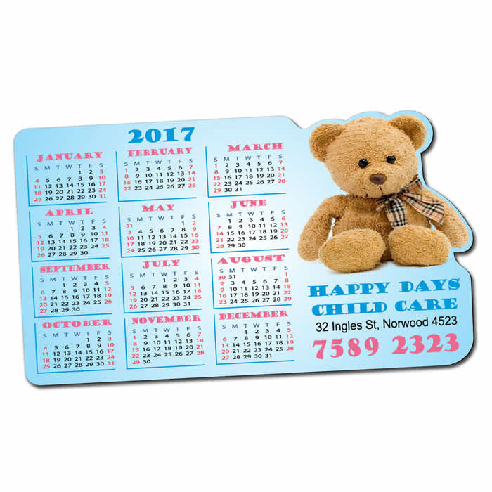 A magnetic calendar featuring a teddy bear, displaying the months of the year with red and blue details.