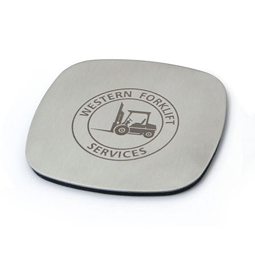 A square metal coaster in a silver colour, featuring a logo in the centre.
