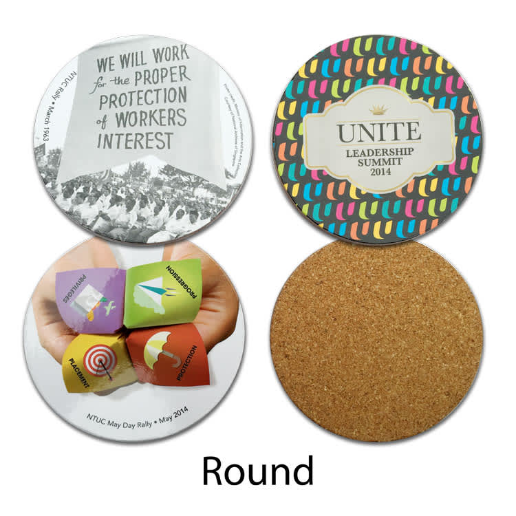 Round cork backed coasters featuring various colourful designs and patterns, with some showing logos.