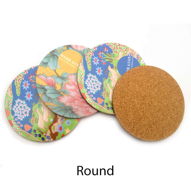Round cork-backed coasters in vibrant floral designs with a plain cork underside. Includes four coasters in total.