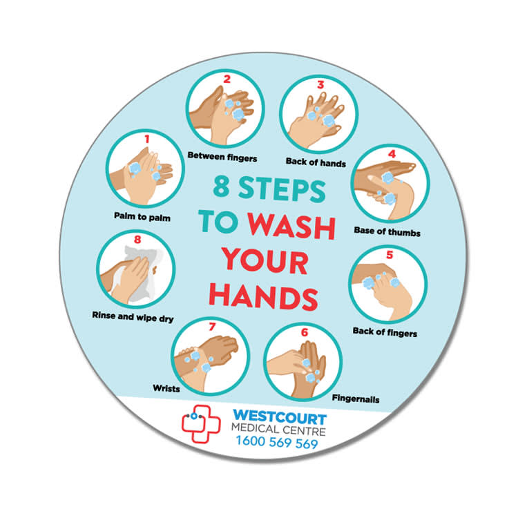 A circular sticker with illustrations demonstrating eight steps to wash hands, featuring various hand positions and instructions.