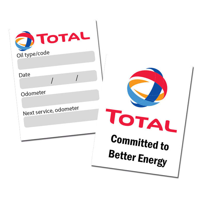 Two service stickers featuring a logo, one with fields for oil type, date, and odometer, designed in red, blue, and yellow.