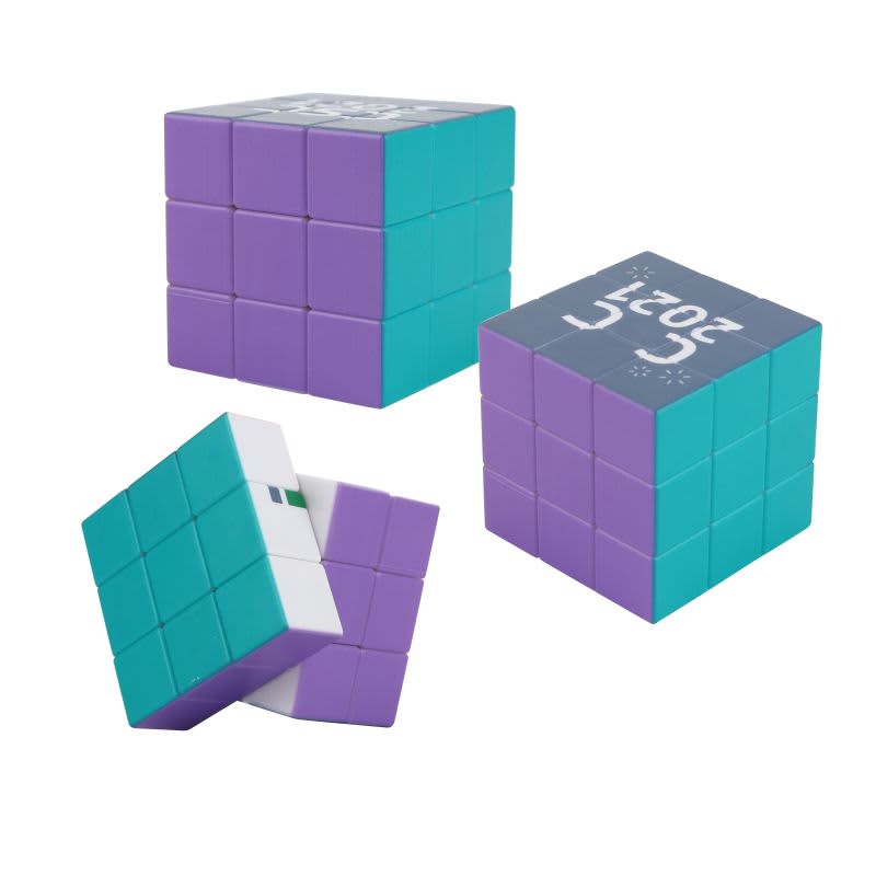 A twist cube featuring purple and teal colours, with a logo visible on one side.