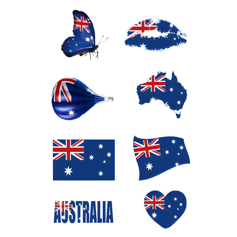 A collection of temporary tattoos featuring Australian flags, a butterfly, a map outline, and a heart, in blue and white.