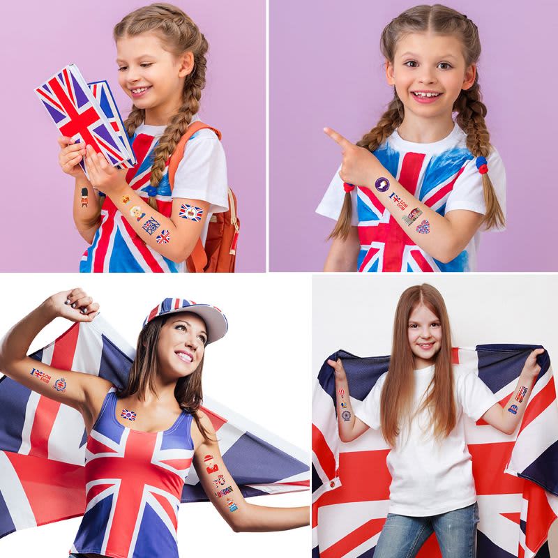 A collage of people showing Classic Temporary Tattoos featuring various designs, including flags and symbols, against a purple background.