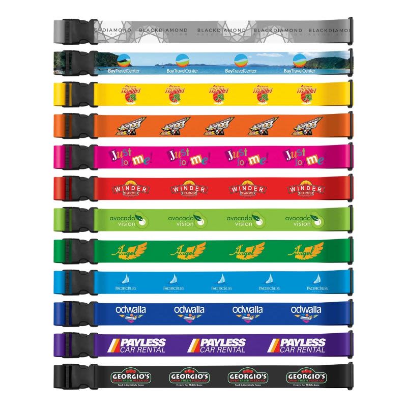 A collection of full-colour luggage straps in various vibrant colours, each featuring different branding.