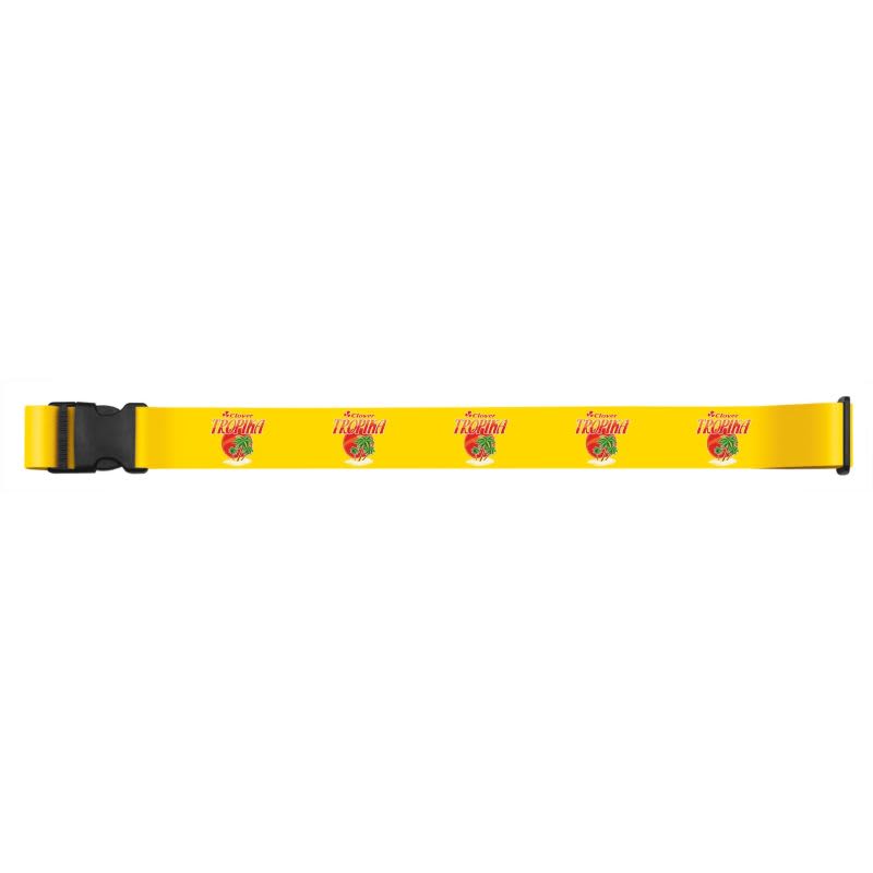 A full-colour luggage strap in bright yellow featuring a repeating design and a plastic buckle.