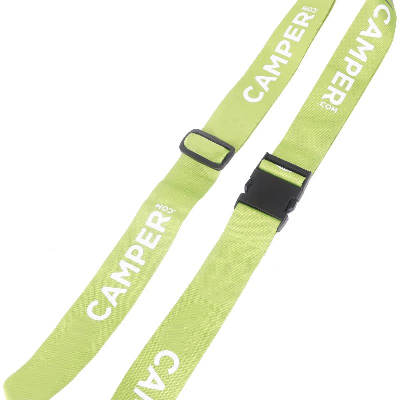 A green poly ribbed luggage belt with adjustable buckles and branding on the straps.
