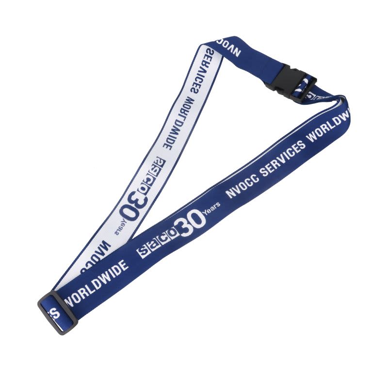 A woven luggage belt in blue featuring a logo and text. The belt has a secure buckle for fastening.
