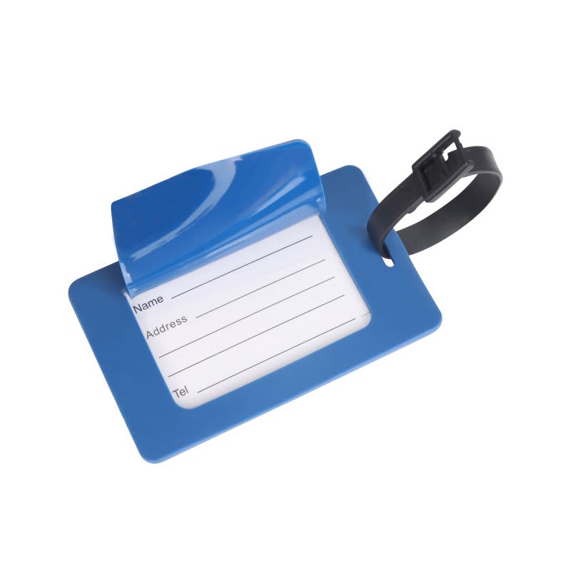 A blue custom-shaped PVC luggage tag with a transparent cover and a black strap for attachment.