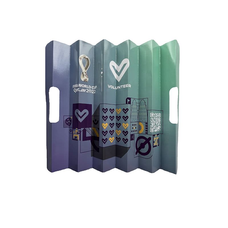 A set of green and blue cardboard clappers with a variety of graphics and a logo.