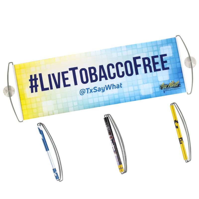 A banner featuring a gradient of blue and yellow with a hashtag, accompanied by three colourful pens.