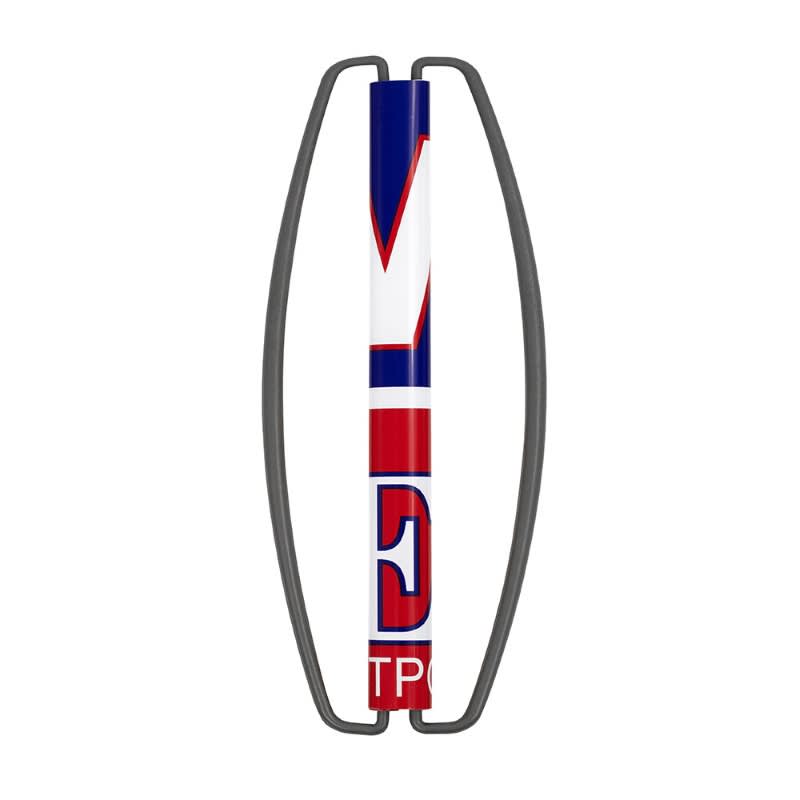 A fan banner in red, white, and blue featuring an abstract design, held by a grey frame.
