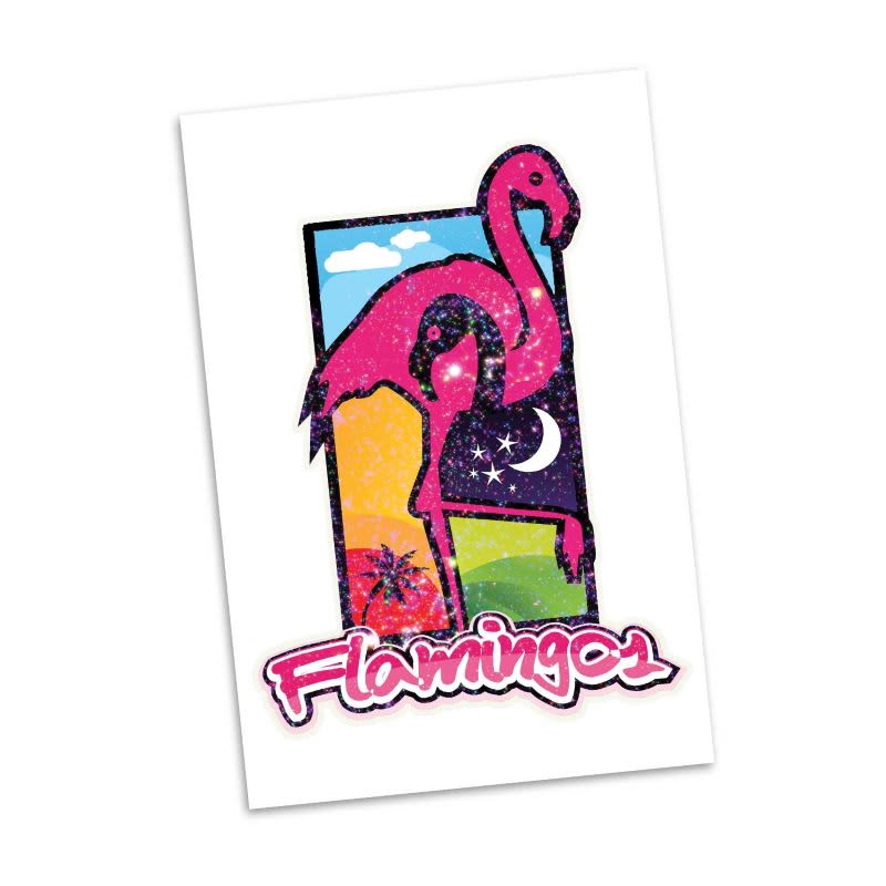 A vibrant glitter tattoo featuring pink flamingos against a colourful background with stars and a moon.