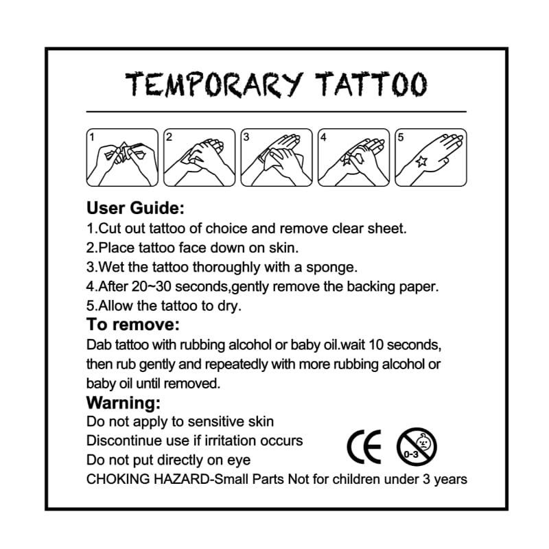 A user guide for a temporary foil tattoo, featuring black and white illustrations and text instructions.