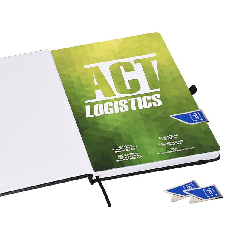A notebook with a green geometric design cover, featuring a logo and two blue bookmarks beside it.